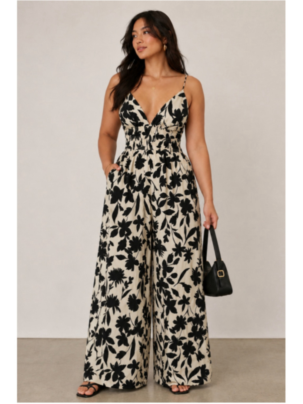 Black Ivory Floral Wide Leg Jumpsuit Plunge Sleeveless Pockets Size‎ S